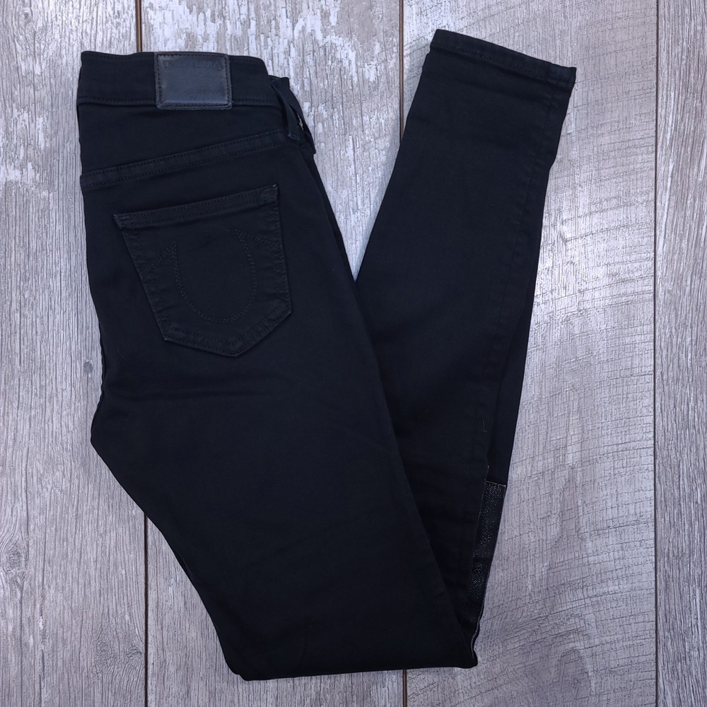 True Religion Halle Jeans Women 25x30 Black Mid Rise Super Skinny Coated Patch
